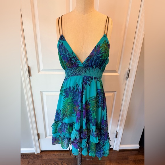 Arden B Dresses & Skirts - Y2K Tropical Palm Print Mini Dress Teal Chain Back Ruffle Hem Arden B XS